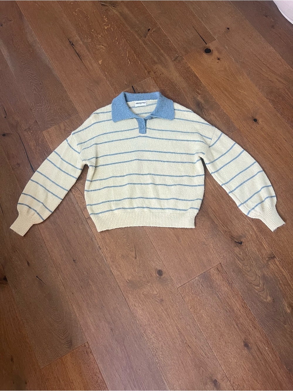Princess Polly Cream Knit Polo Sweater with Light Blue Stripes Size S/M